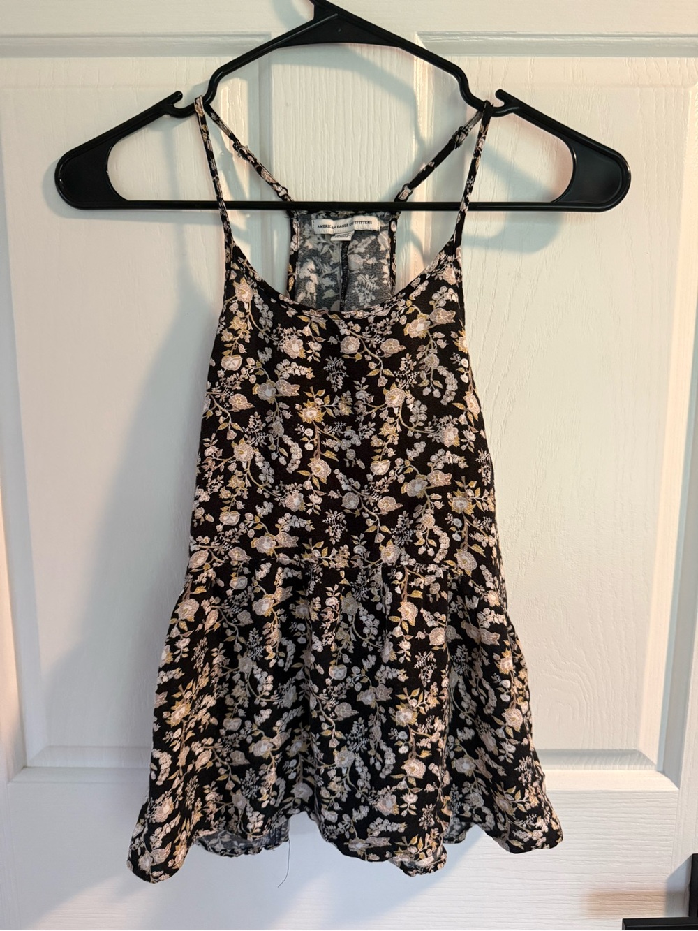 American Eagle Outfitters Black Floral Tank with Cream and Gold Accents